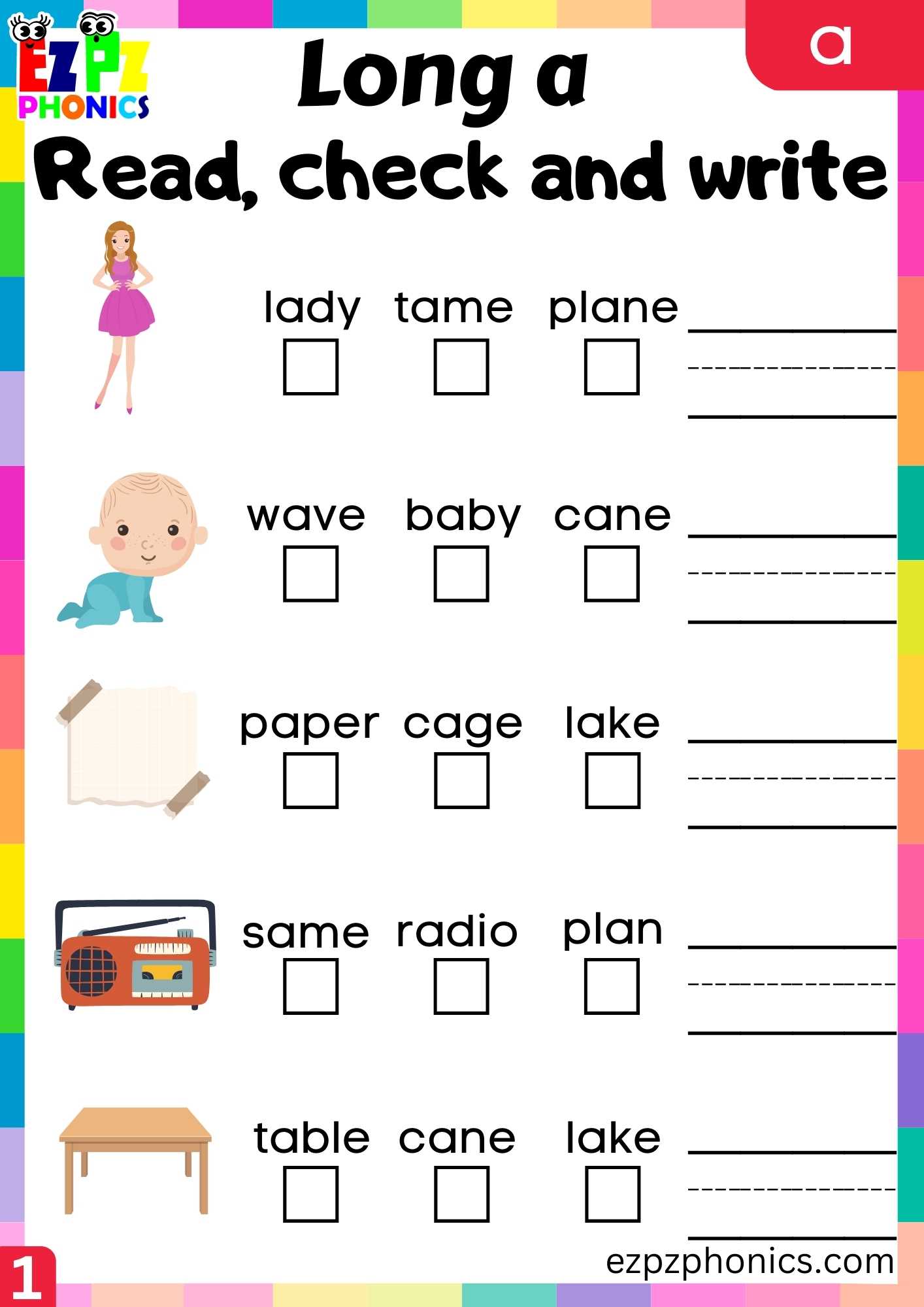 Group1 A Words Read, Check And Write Long A Phonics Worksheet